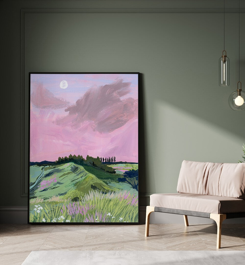 "Vibrant hills and a pink sky in MORNING CALM, LANDSCAPE PAINTINGS by Sarah Gesek, perfect for serene decor."