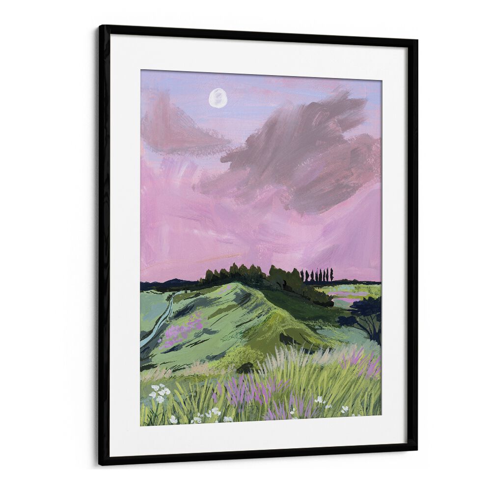 MORNING CALM, LANDSCAPE PAINTINGS by Sarah Gesek showcases serene hills under a pastel sky, adding tranquility to any space.