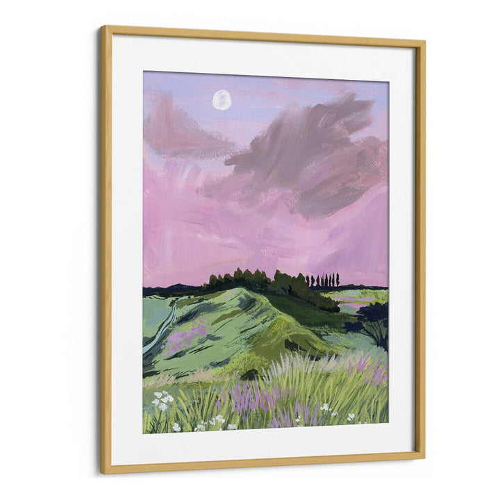 "Morning Calm, landscape paintings by Sarah Gesek, featuring serene hills and a pastel sky in a stylish frame."