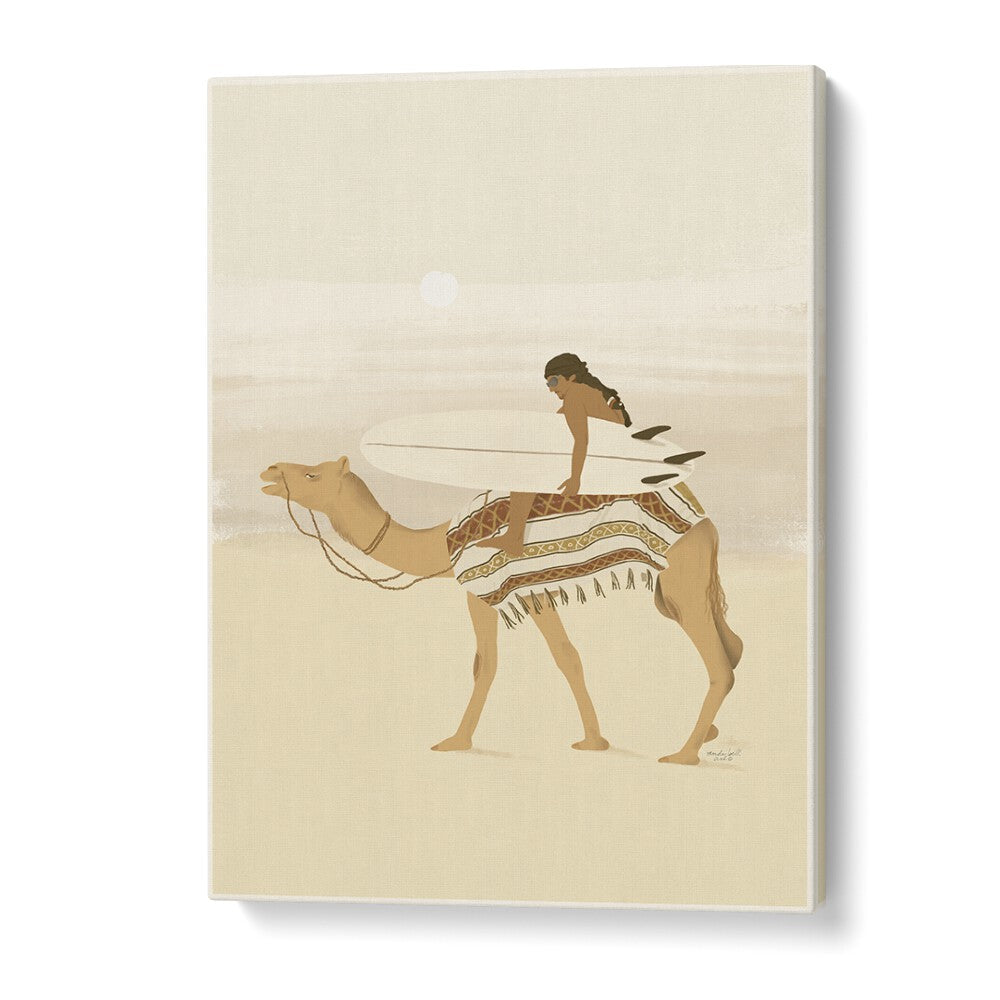 Surfer riding a camel in a serene landscape, showcasing MOROCCAN SURFING, BEACH PAINTINGS by Andi Bell.
