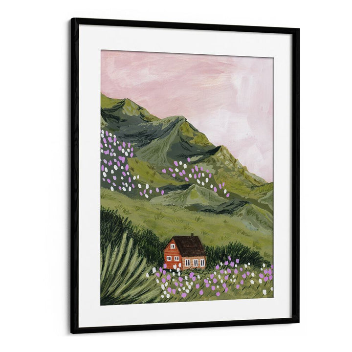 Captivating MOUNTAIN HOUSE, LANDSCAPE PAINTINGS by Sarah Gesek, featuring vibrant mountains and a charming home.