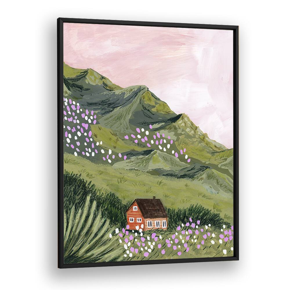 Stunning MOUNTAIN HOUSE, LANDSCAPE PAINTINGS by Sarah Gesek, featuring vibrant mountains and charming house in a frame.