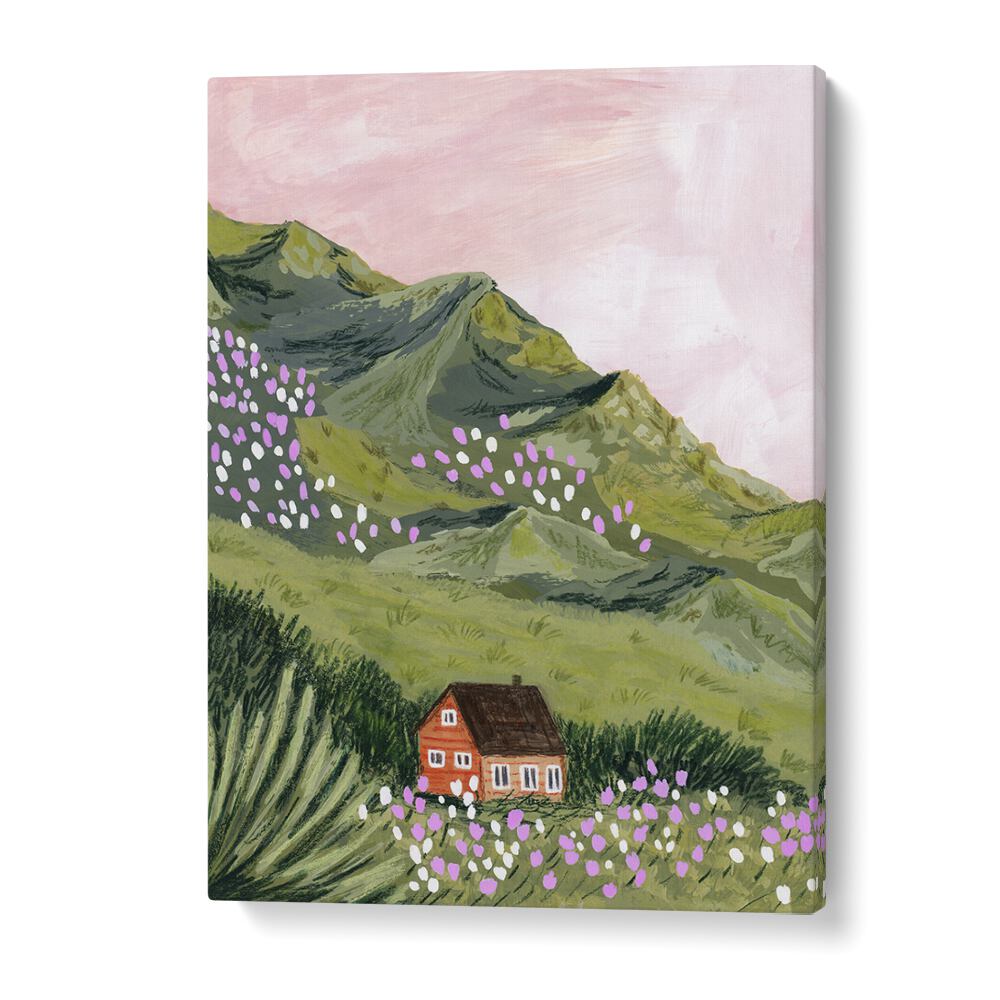 Captivating MOUNTAIN HOUSE, LANDSCAPE PAINTINGS by Sarah Gesek, featuring vibrant mountains and a charming red house.