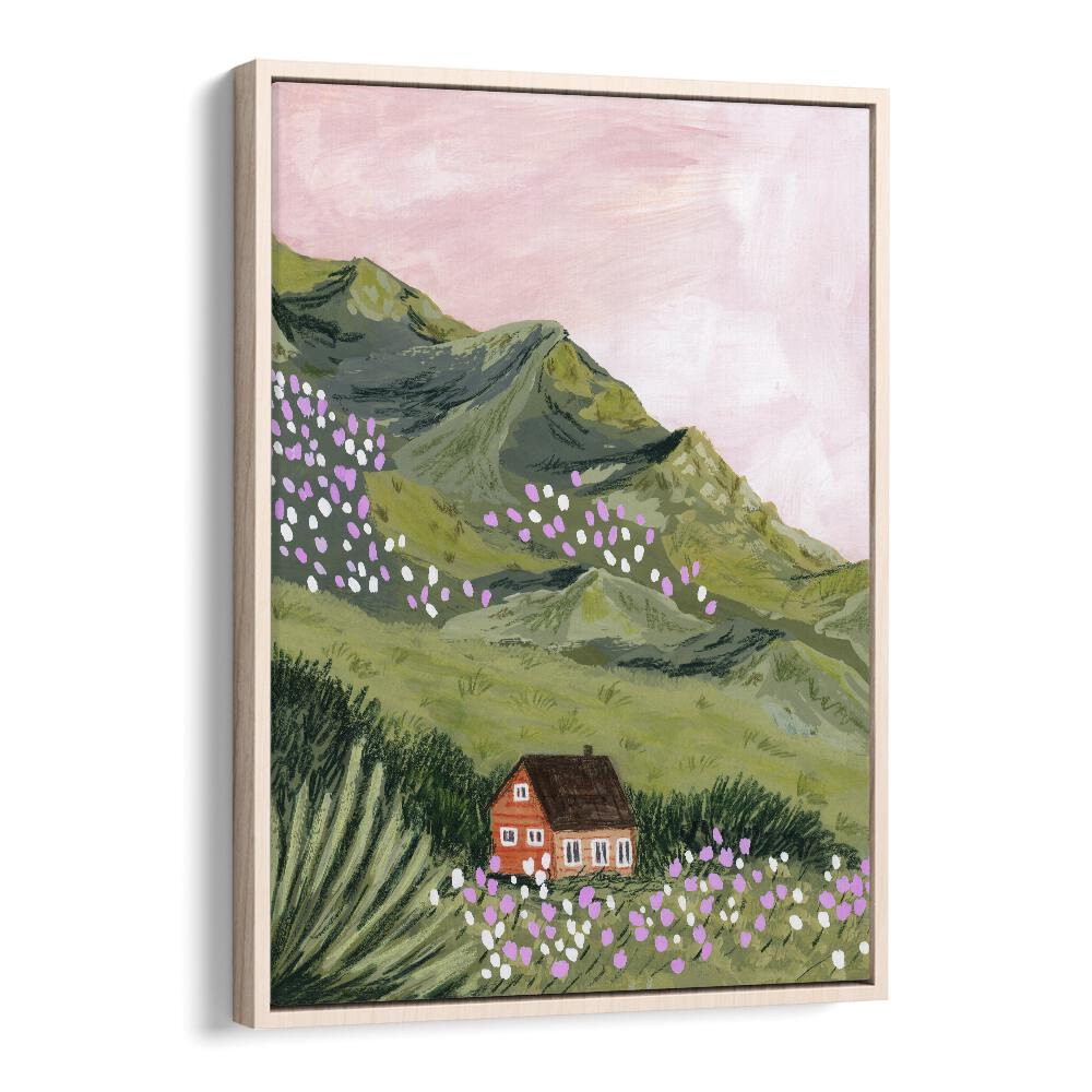 Captivating MOUNTAIN HOUSE, LANDSCAPE PAINTINGS by Sarah Gesek, featuring vibrant mountains and a charming cabin.