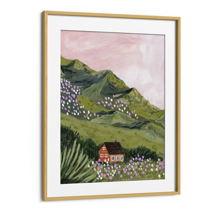 Captivating MOUNTAIN HOUSE, LANDSCAPE PAINTINGS by Sarah Gesek, featuring vibrant hills and delicate flowers in a framed print.