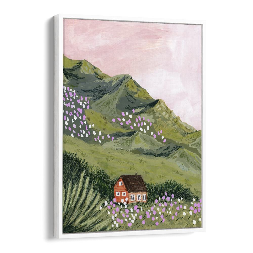 Captivating MOUNTAIN HOUSE, LANDSCAPE PAINTINGS by Sarah Gesek, showcasing a charming cabin in a lush mountain setting.
