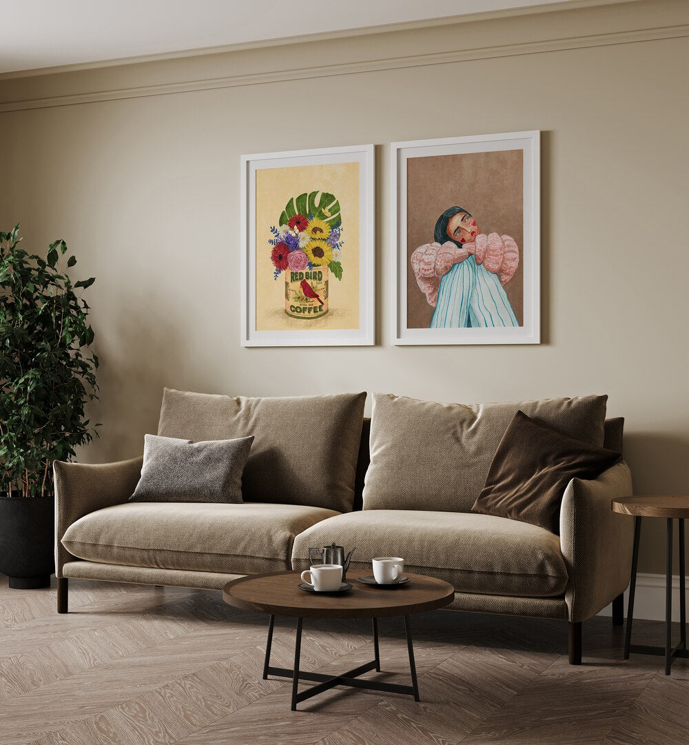 Elegant living room featuring the MUTED DRAMA SET, SET OF 2 PAINTINGS, enhancing the space with soft tones.