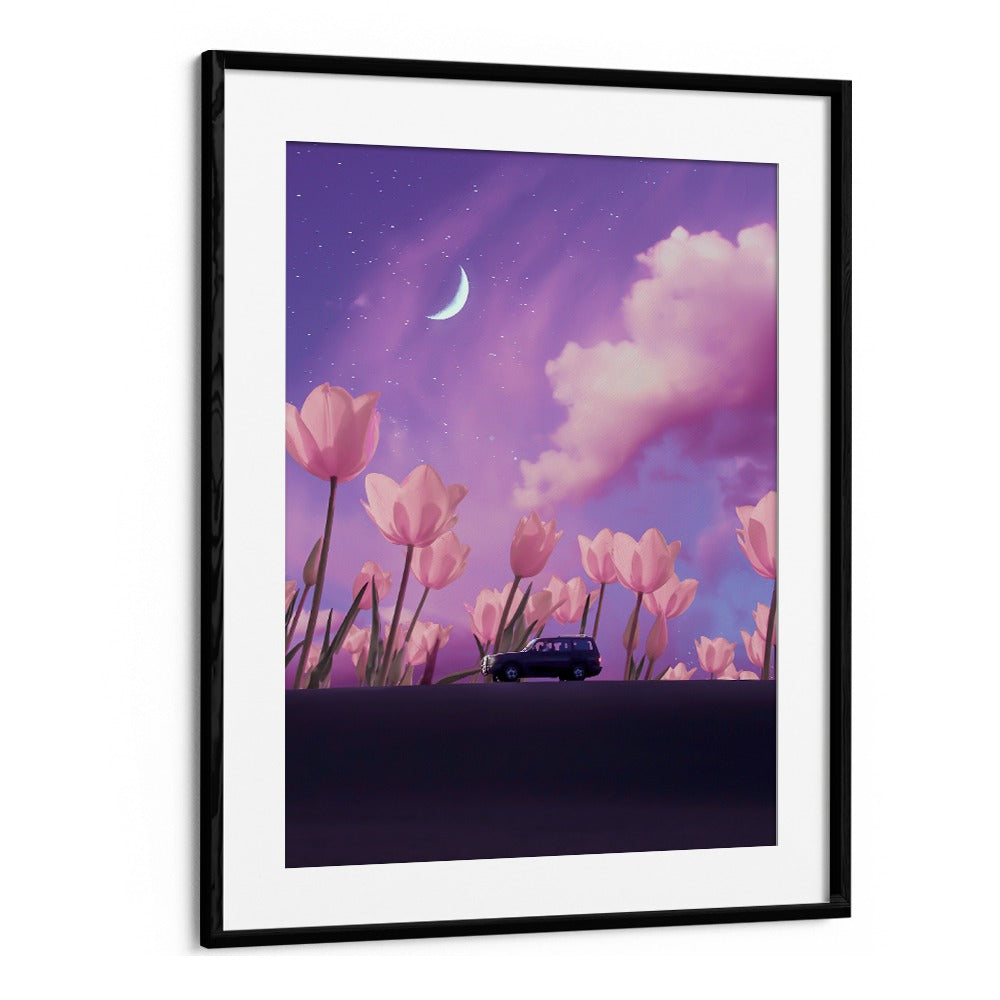 Mystical Journey, surreal art prints featuring a dreamlike landscape with vibrant flowers and a serene night sky.
