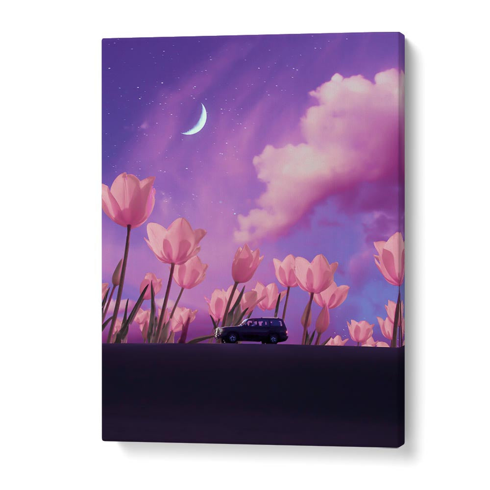 Explore the enchanting MYSTICAL JOURNEY, SURREAL ART PRINTS featuring a dreamy landscape and vibrant flowers.