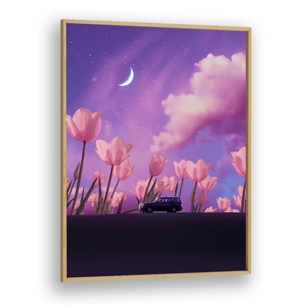 Enchanting MYSTICAL JOURNEY, SURREAL ART PRINTS by Ritvik Takkar, featuring a dreamy landscape with flowers and a car.