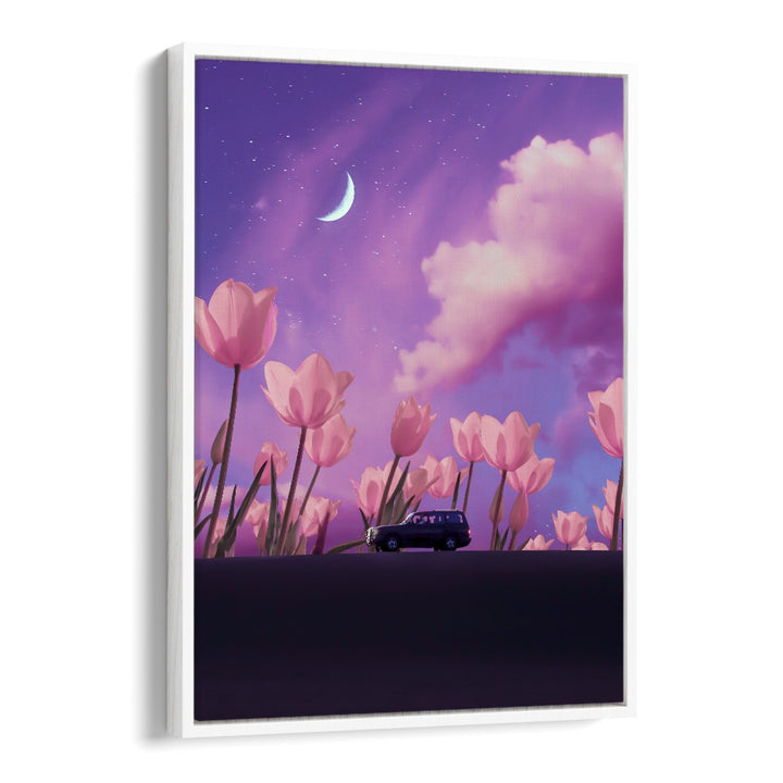 Surreal art print "MYSTICAL JOURNEY" by Ritvik Takkar, featuring a dreamy landscape with vibrant flowers and a moonlit sky.
