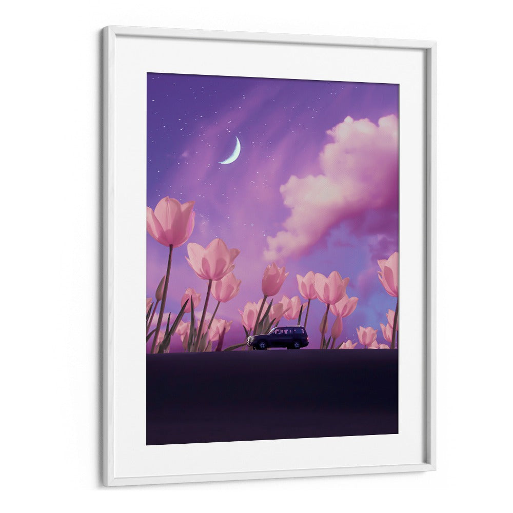 Colorful surreal art print titled MYSTICAL JOURNEY, featuring flowers and a car, by Ritvik Takkar. Perfect for home decor.