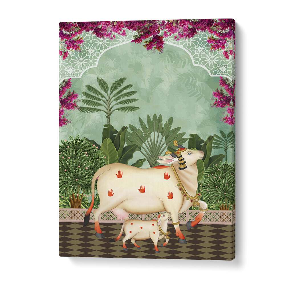 Elegant Indian art depicting a mother cow and calf's bond, titled "COW MOTHER AND CALF'S AFFECTION I, INDIAN ART PAINTINGS."