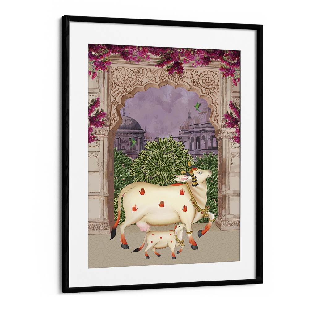 Discover the beauty of COW MOTHER AND CALF'S AFFECTION II, INDIAN ART PAINTINGS, showcasing a tender bond in vibrant colors.