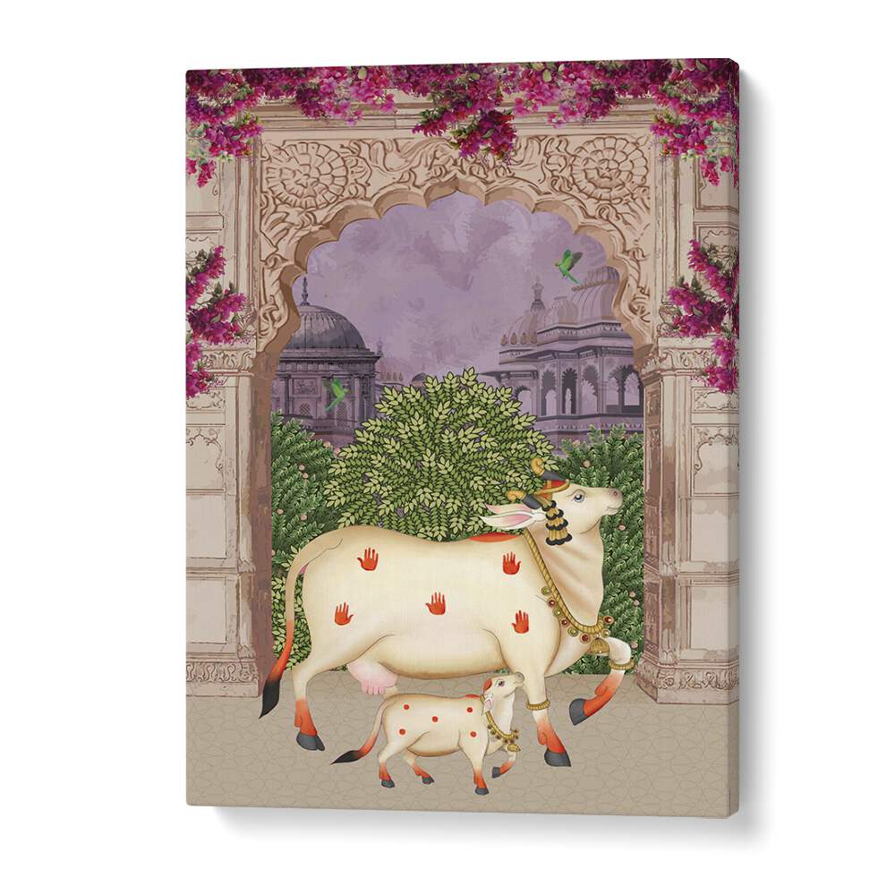 Nandini's Embrace captures the bond in COW MOTHER AND CALF'S AFFECTION II, INDIAN ART PAINTINGS, showcasing love and beauty.
