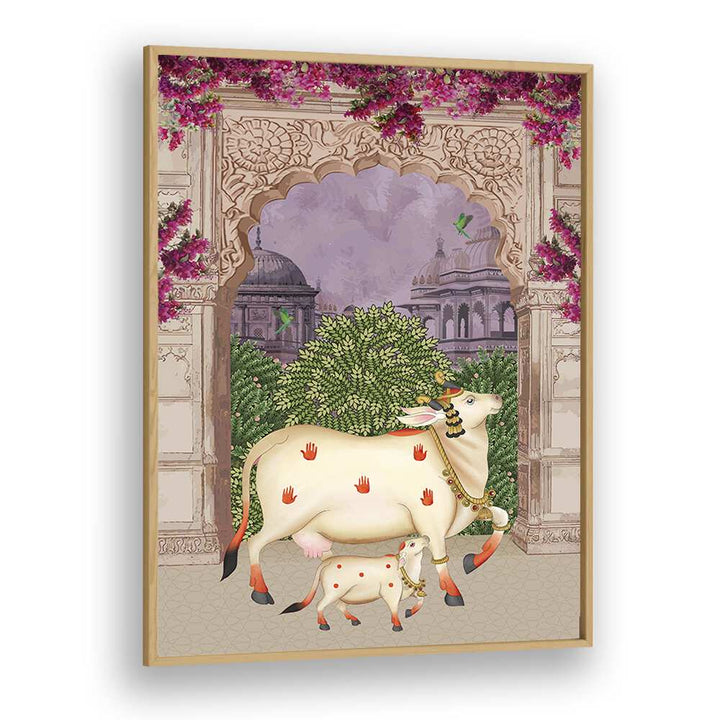 Nandini's Embrace: COW MOTHER AND CALF'S AFFECTION II, INDIAN ART PAINTINGS showcasing the bond of motherhood.