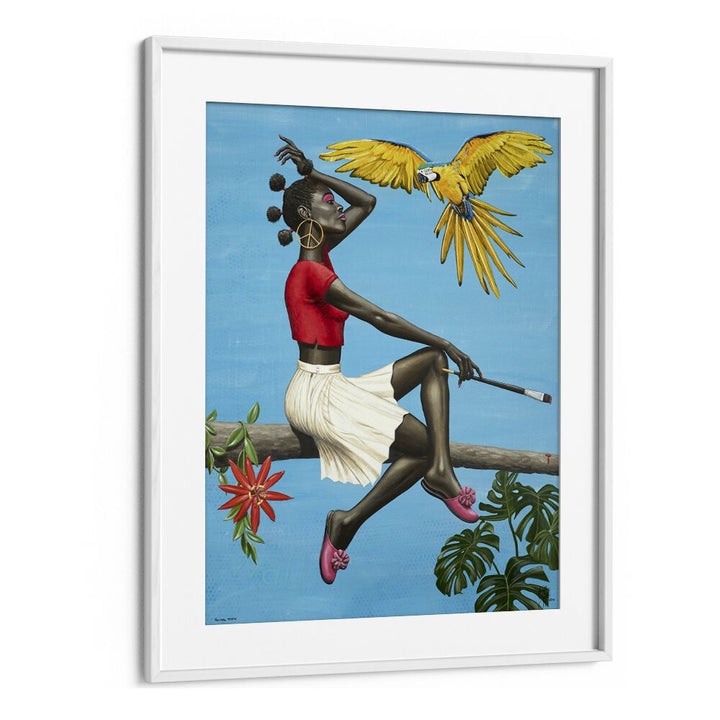Stunning NATURAL MYSTIC, AFRICAN ART PAINTINGS by Christian Beijer, showcasing a vibrant African lady with a parrot.