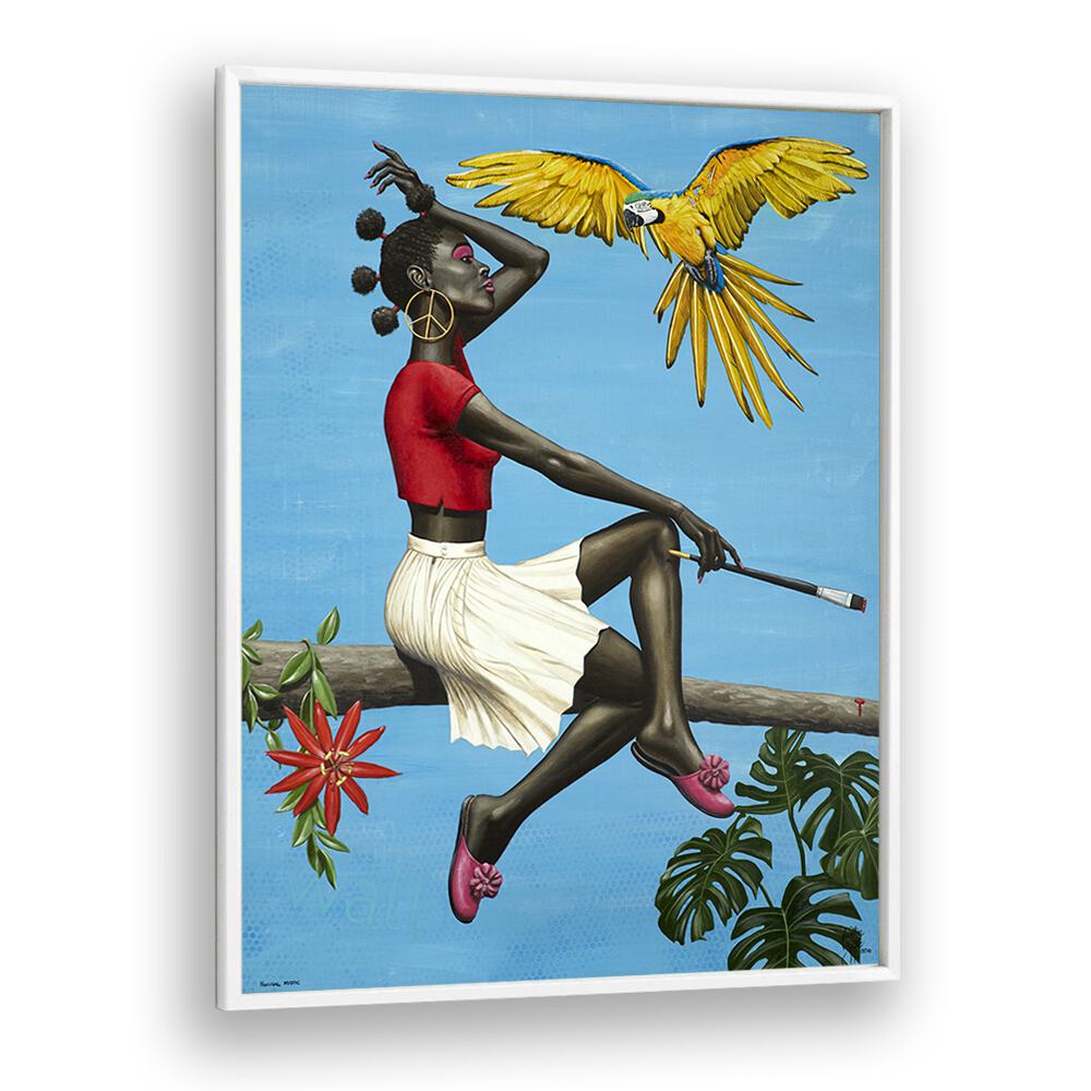 Stunning NATURAL MYSTIC, AFRICAN ART PAINTINGS featuring an African lady with vibrant colors and a parrot against a blue background.