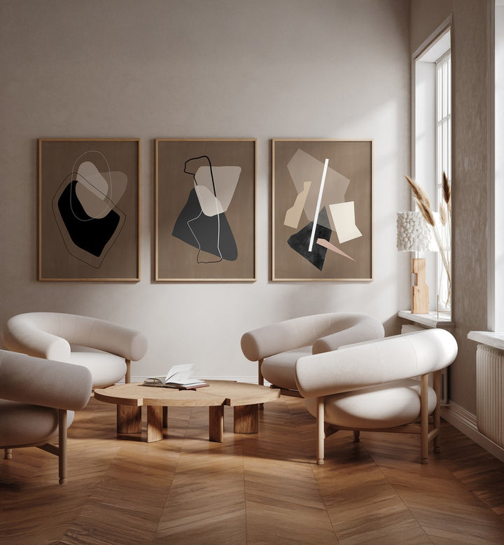 Elevate your decor with the NOCTURNE SHAPES SET, SET OF 3 PAINTINGS, perfect for a serene, sophisticated ambiance.