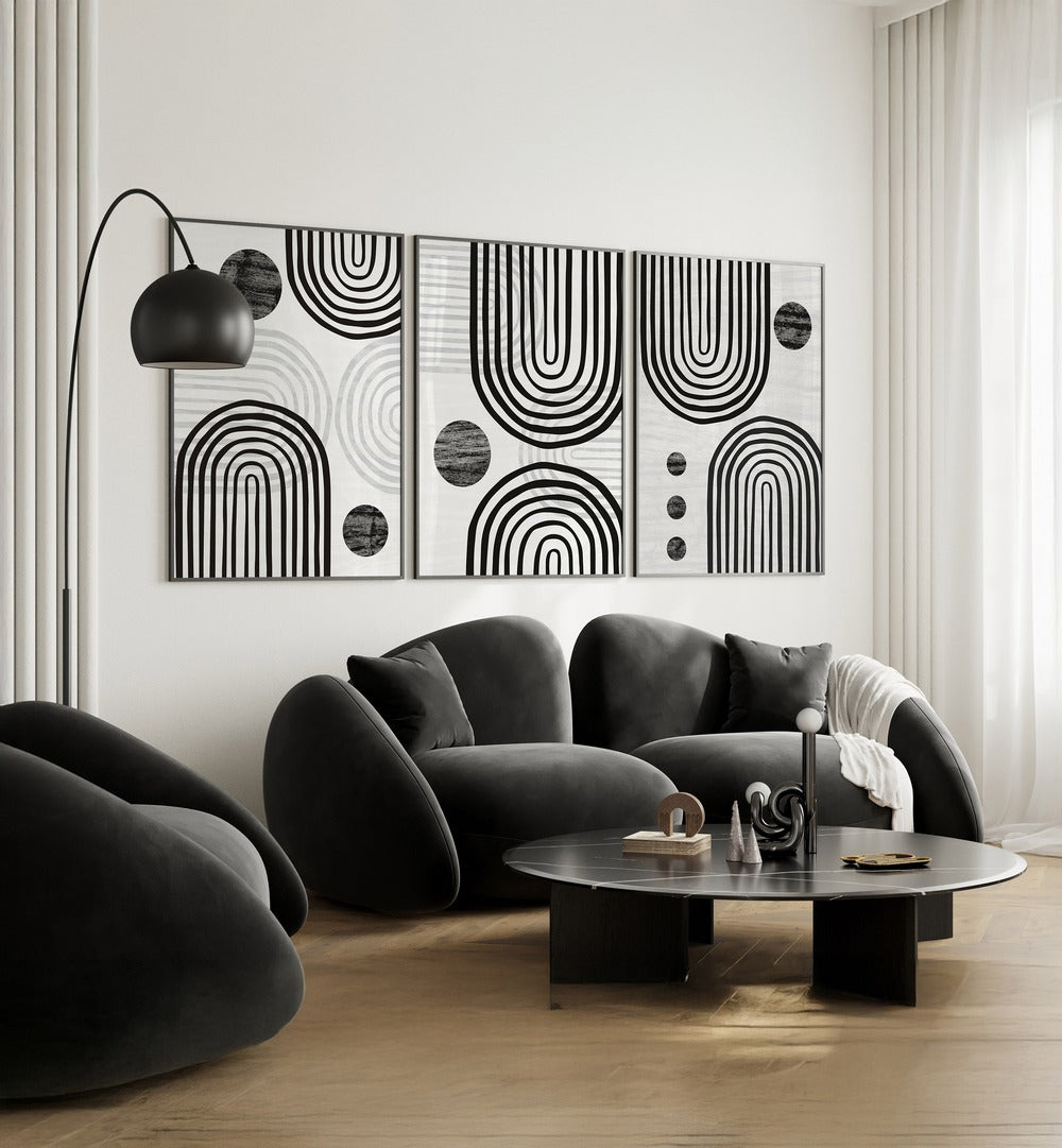 Stylish NOIR BOHO FORMS SET, SET OF 3 PAINTINGS enhances modern home décor with chic, abstract designs.