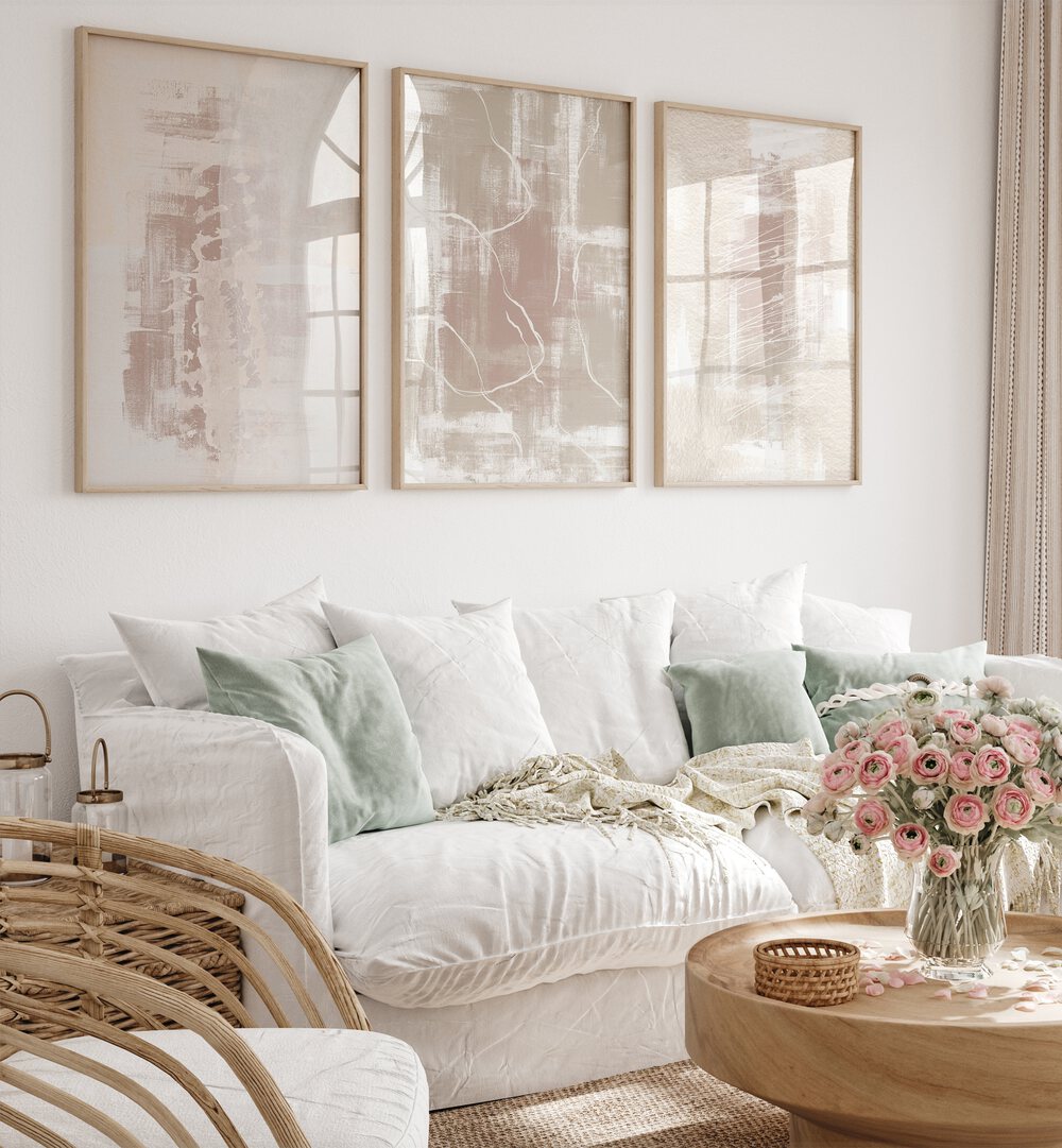 Elevate your decor with the NORDIC SNOW SET, SET OF 3 PAINTINGS, showcasing tranquil snowy landscapes.