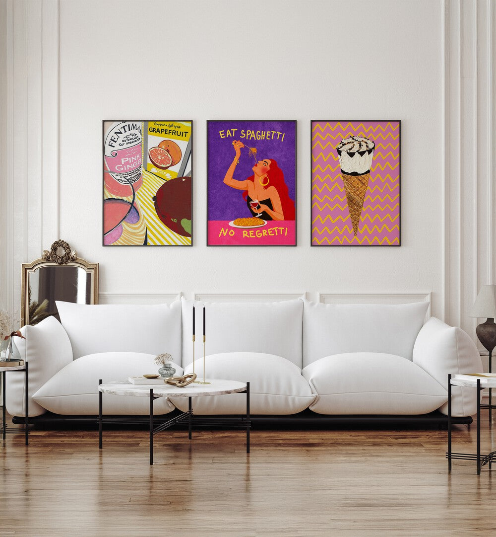Brighten your space with the NO REGRETTI SET, SET OF 3 PAINTINGS, showcasing vibrant and playful artwork.