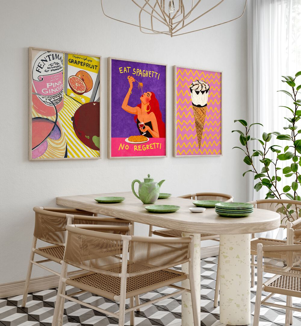 Brighten your space with the NO REGRETTI SET, SET OF 3 PAINTINGS, featuring vibrant themes for a stylish touch.