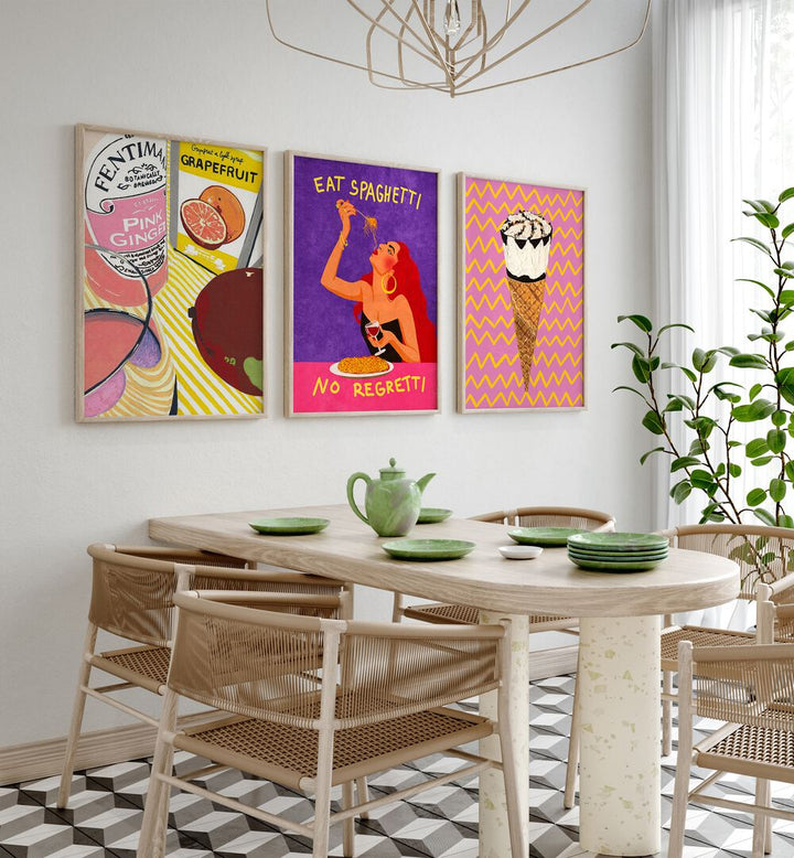 Brighten your space with the NO REGRETTI SET, SET OF 3 PAINTINGS, featuring vibrant themes for a stylish touch.