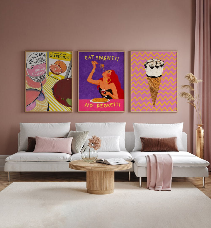 Stylish NO REGRETTI SET, SET OF 3 PAINTINGS enhances modern spaces with vibrant themes and elegant design.