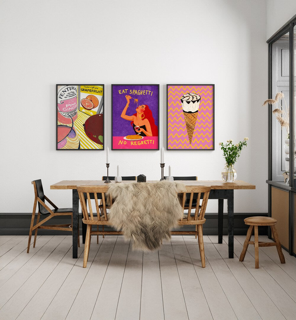 Elevate your decor with the NO REGRETTI SET, SET OF 3 PAINTINGS, perfect for any modern living space.