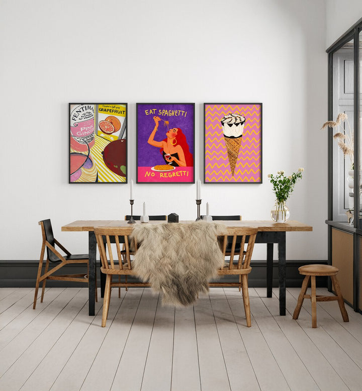 Elevate your decor with the NO REGRETTI SET, SET OF 3 PAINTINGS, perfect for any modern living space.