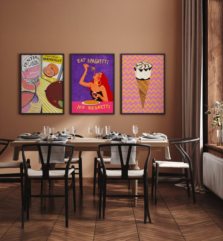 Brighten your space with the NO REGRETTI SET, SET OF 3 PAINTINGS, featuring fun food-themed artworks.