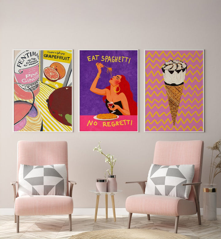 Enhance your decor with the NO REGRETTI SET, SET OF 3 PAINTINGS, featuring vibrant food-themed artwork.