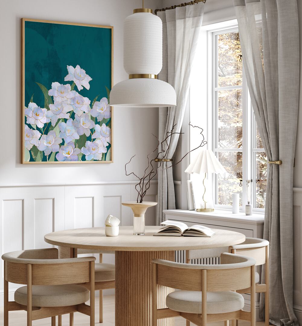 Narcissuss Flowers Turquoise, floral flower paintings by Sarah Manovski, brighten any space with their delicate beauty.