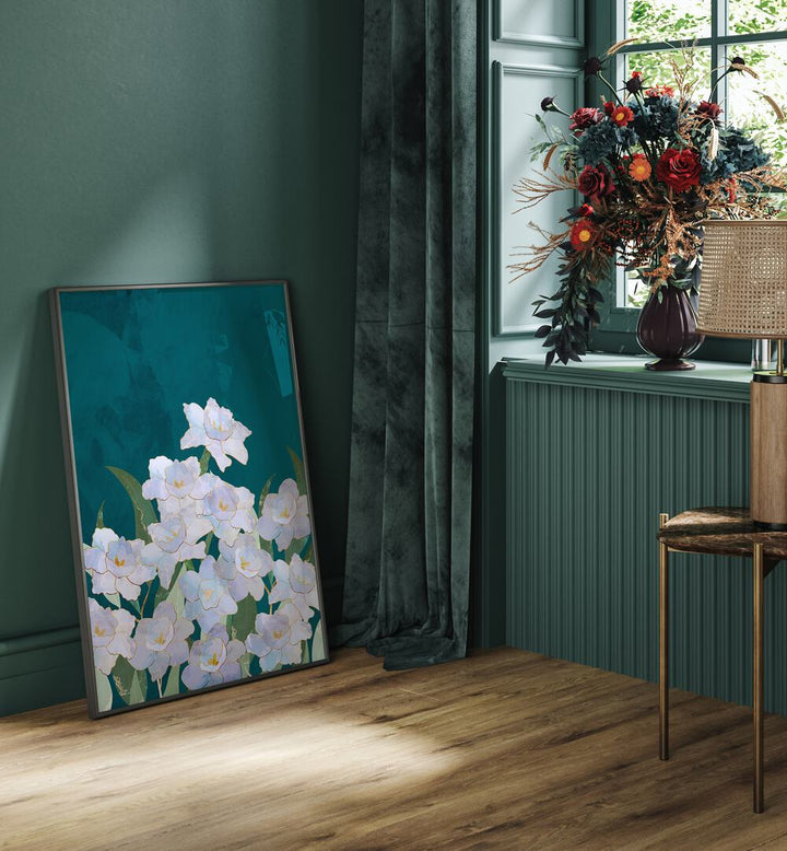 Narcissus Flowers Turquoise, Floral Flower Paintings by Sarah Manovski, showcasing vibrant floral artistry for your space.