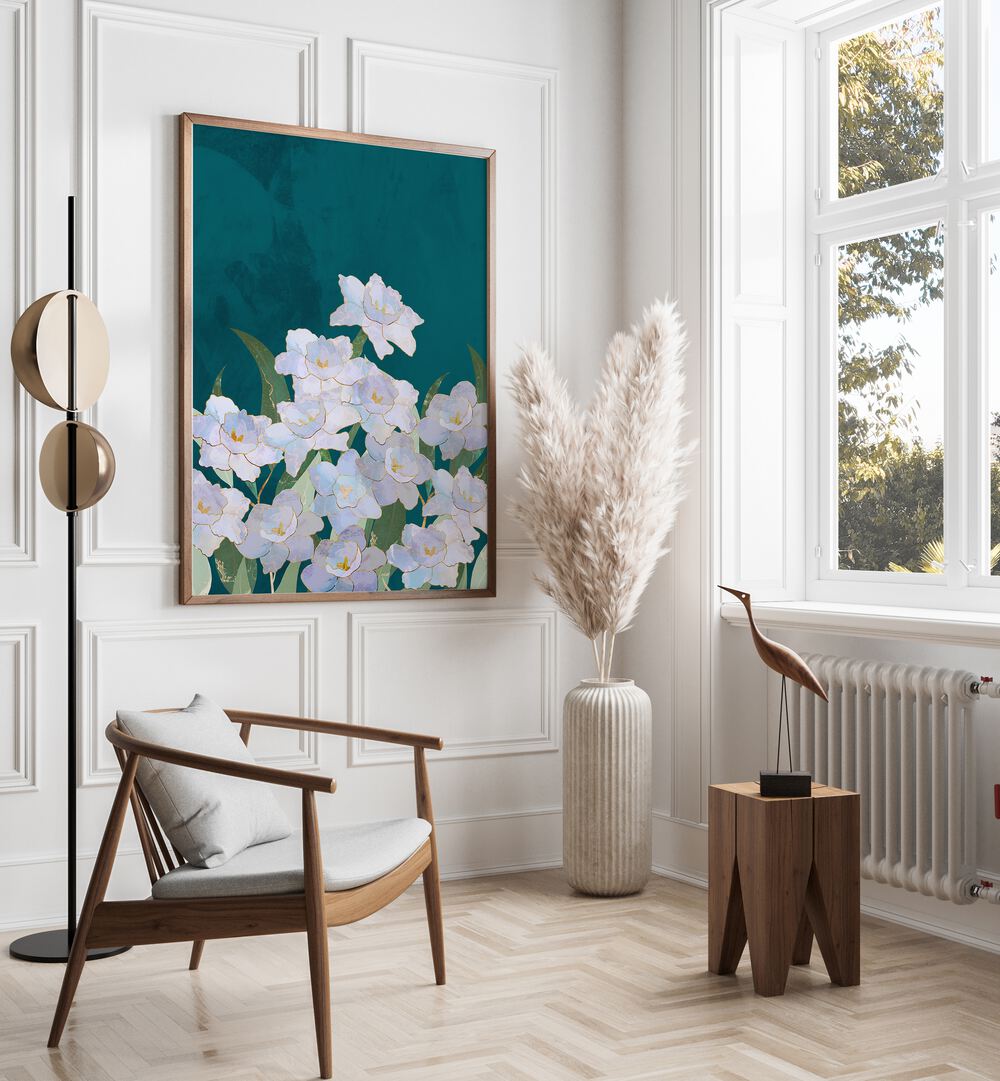 Narcissus Flowers Turquoise, floral flower paintings by Sarah Manovski, brightening any space with elegance.