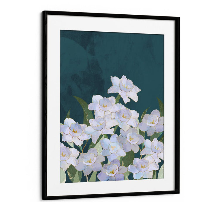 Narcissus Flowers Turquoise, floral flower paintings by Sarah Manovski; a stunning botanical art print in a black frame.