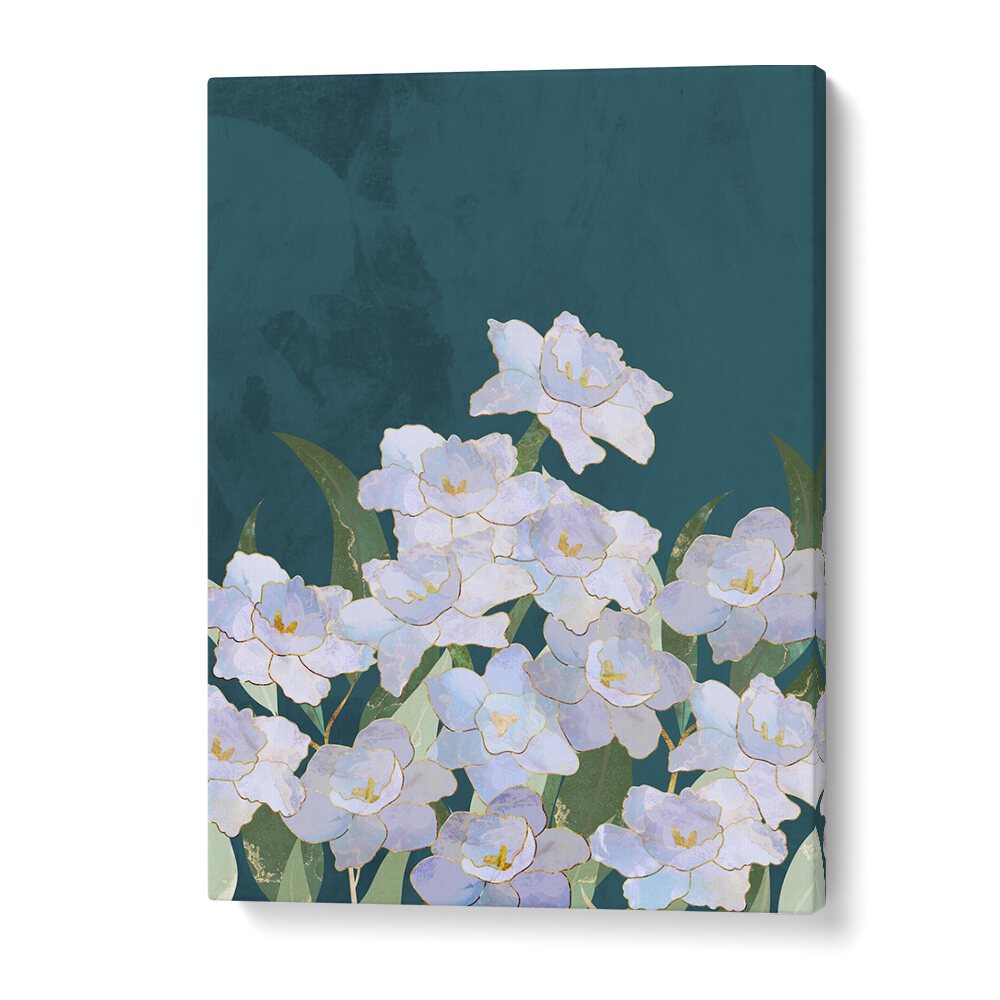 Narcissuss Flowers Turquoise, floral flower paintings by Sarah Manovski showcase vibrant blooms on a deep teal background.