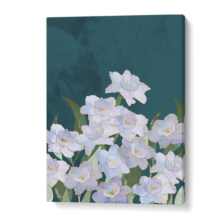Narcissuss Flowers Turquoise, floral flower paintings by Sarah Manovski showcase vibrant blooms on a deep teal background.