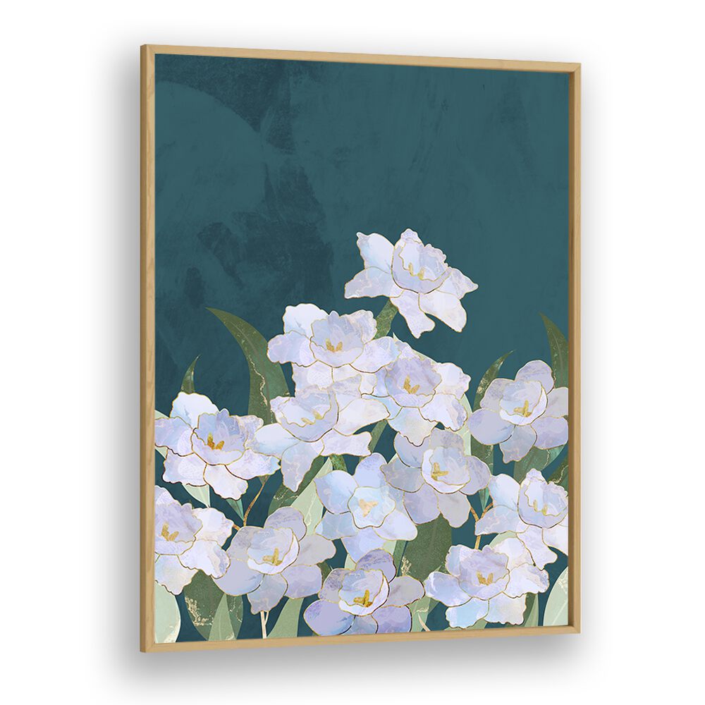 Stunning NARCISSUSS FLOWERS TURQUOUISE, FLORAL FLOWER PAINTINGS by Sarah Manovski, featuring delicate blooms in a serene frame.