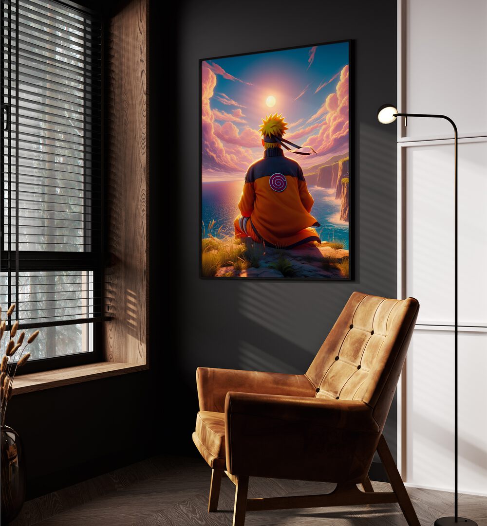 NARUTO BACK, SURREAL ART PRINTS by Ritvik Takkar showcases a vibrant scene of Naruto in a stunning sunset landscape.