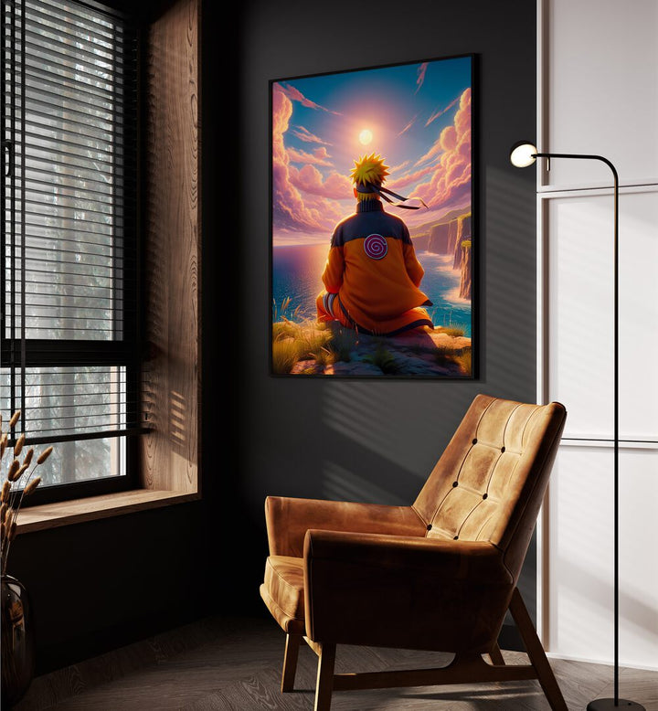 NARUTO BACK, SURREAL ART PRINTS by Ritvik Takkar showcases a vibrant scene of Naruto in a stunning sunset landscape.