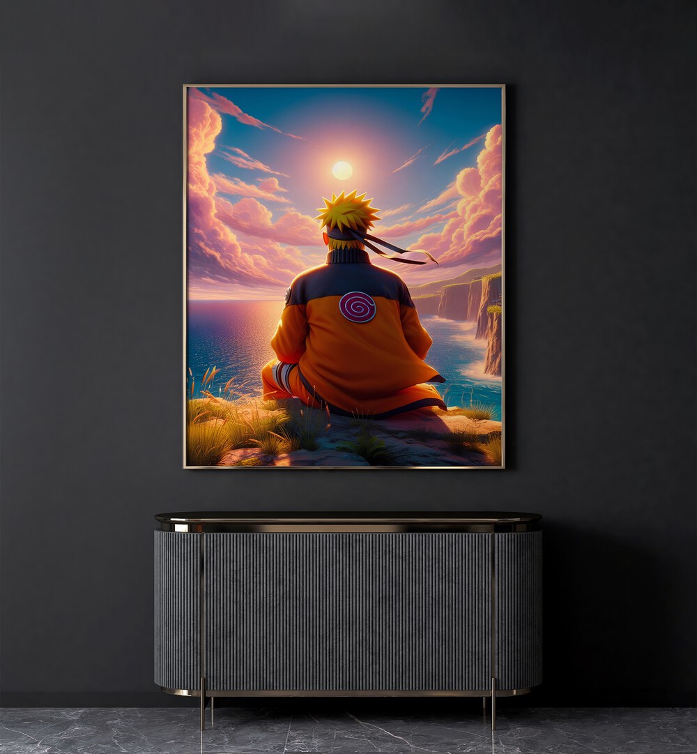 NARUTO BACK, SURREAL ART PRINTS by Ritvik Takkar showcases vibrant colors and serene landscapes for modern decor.