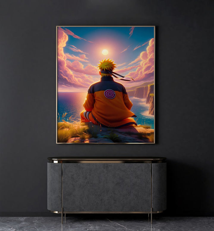NARUTO BACK, SURREAL ART PRINTS by Ritvik Takkar showcases vibrant colors and serene landscapes for modern decor.