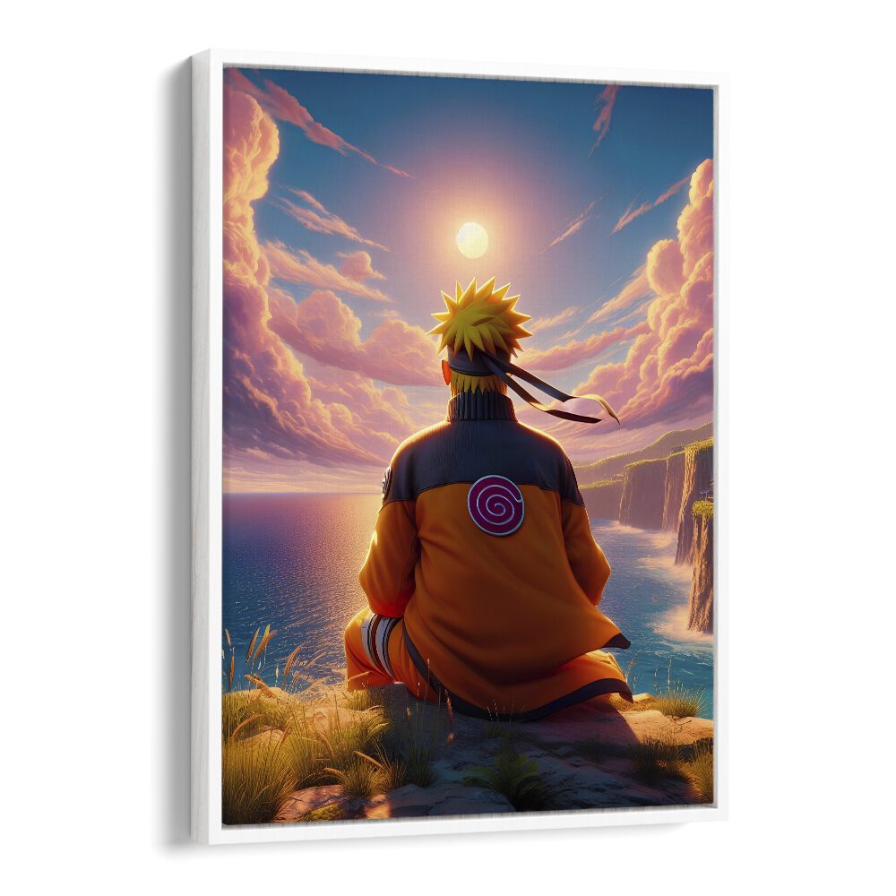 NARUTO BACK, SURREAL ART PRINTS by Ritvik Takkar features Naruto gazing at a stunning sunset over the ocean.