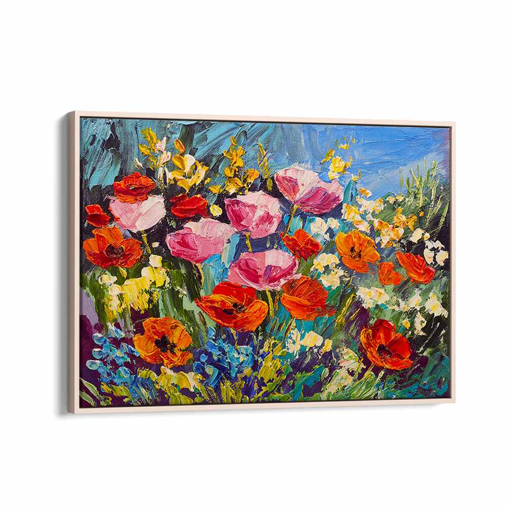 Vibrant floral scene featuring NATURE’S PALETTE II, VINTAGE EUROPEAN PAINTINGS in an elegant oak floater frame.