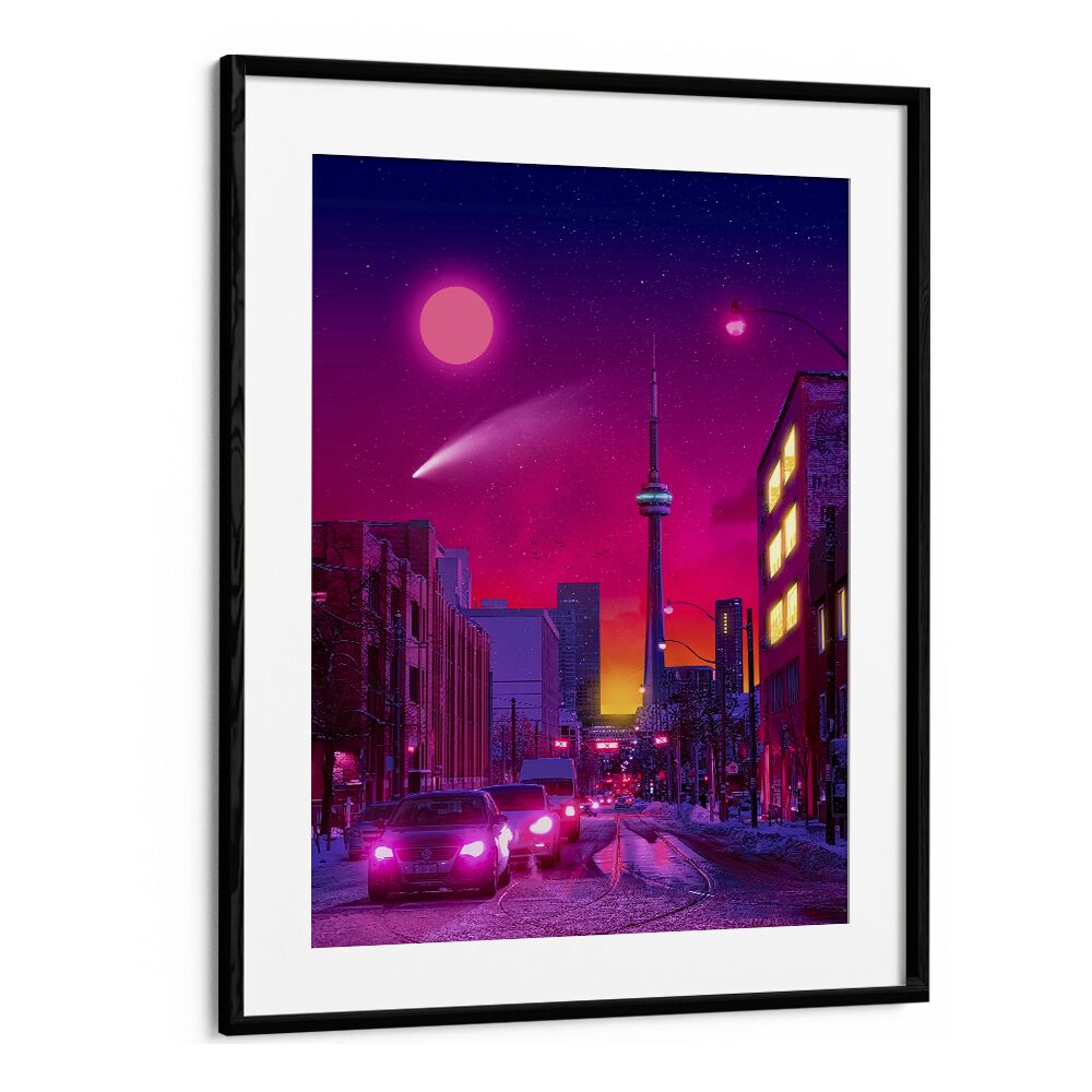 Vibrant urban landscape in NEON CITY, SURREAL ART PRINTS by Ritvik Takkar, framed for a stunning visual impact.