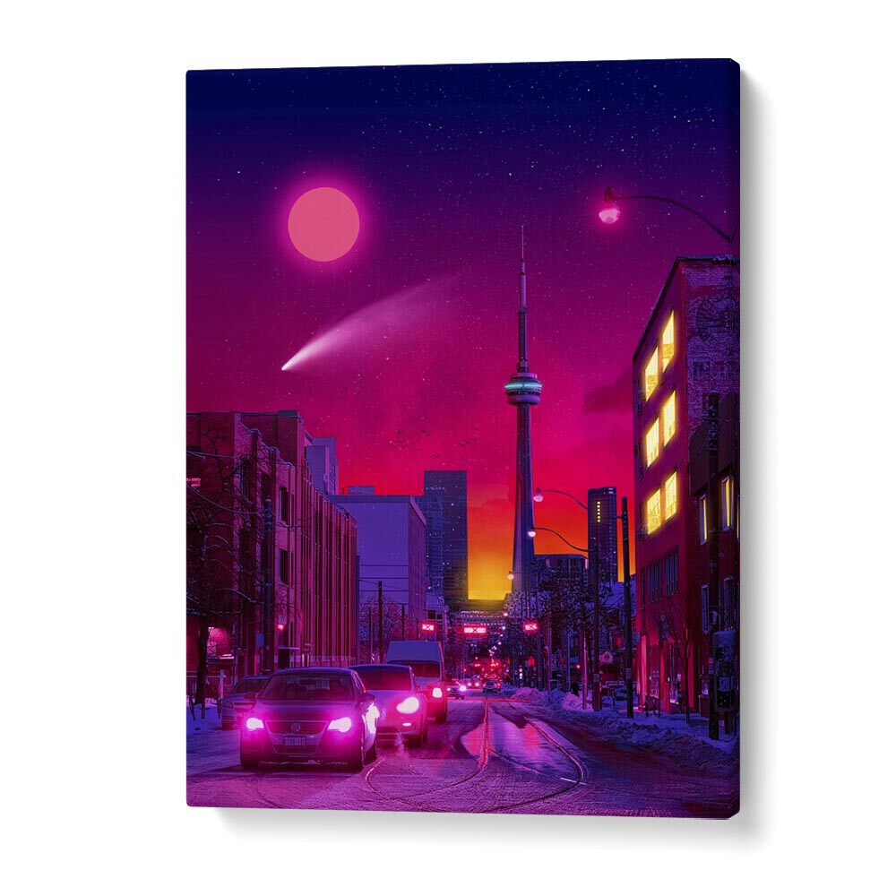 Vibrant urban landscape in "NEON CITY, SURREAL ART PRINTS" by Ritvik Takkar, blending reality with imagination.