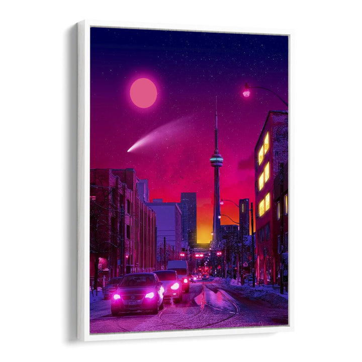Vibrant urban scene featuring NEON CITY, SURREAL ART PRINTS by Ritvik Takkar, showcasing stunning surrealism.