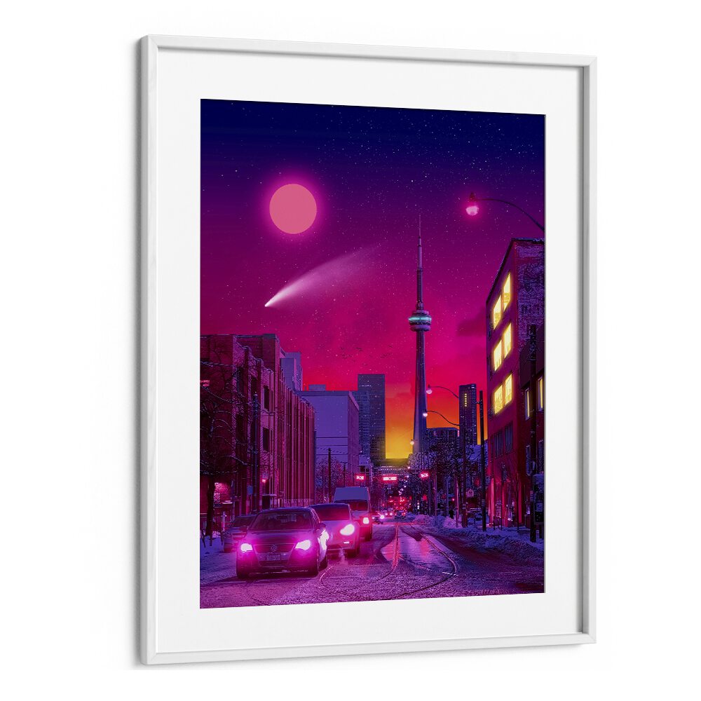 Vibrant NEON CITY, SURREAL ART PRINTS by Ritvik Takkar, showcasing an imaginative urban landscape in a sleek frame.
